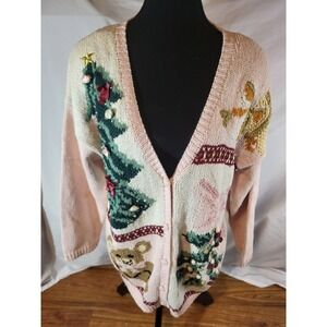 NWT Vintage Gladys Bagley Embellished Christmas Cardigan Sweater Size L